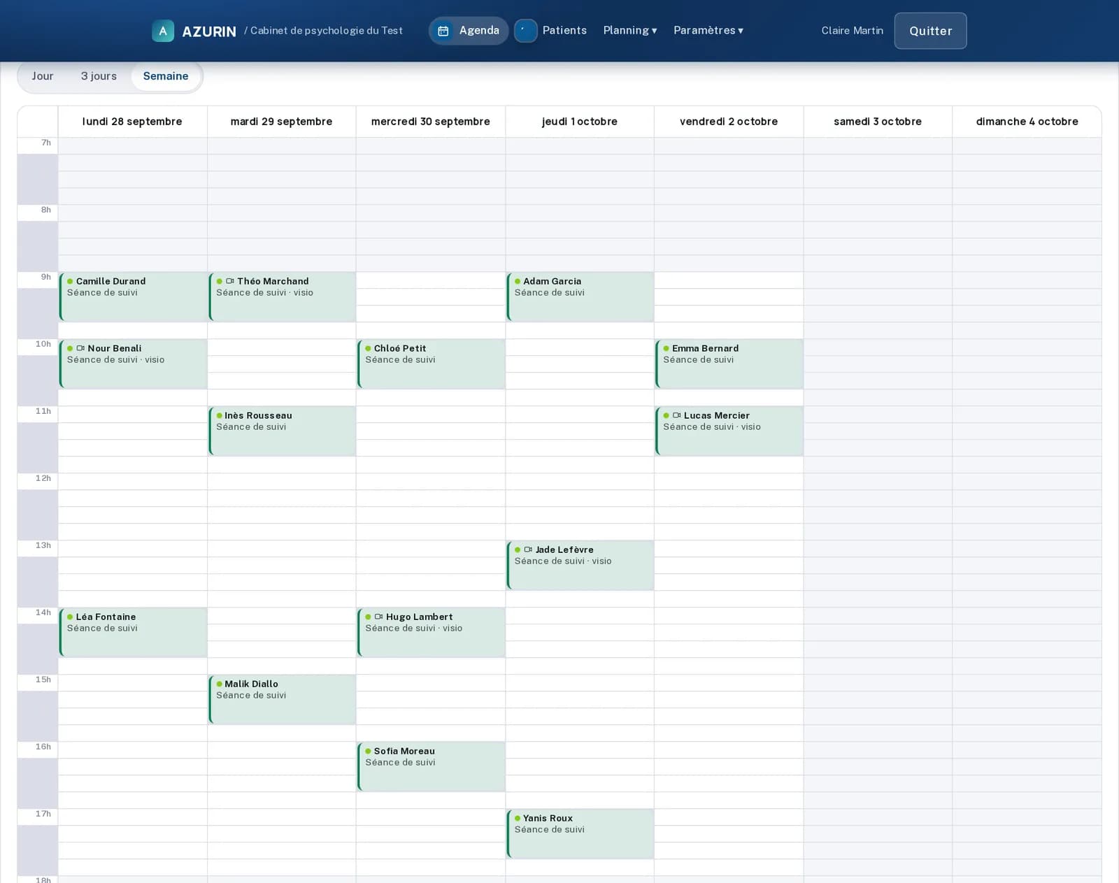 Agenda hebdomadaire du back-office AZURIN avec rendez-vous au cabinet et en téléconsultation