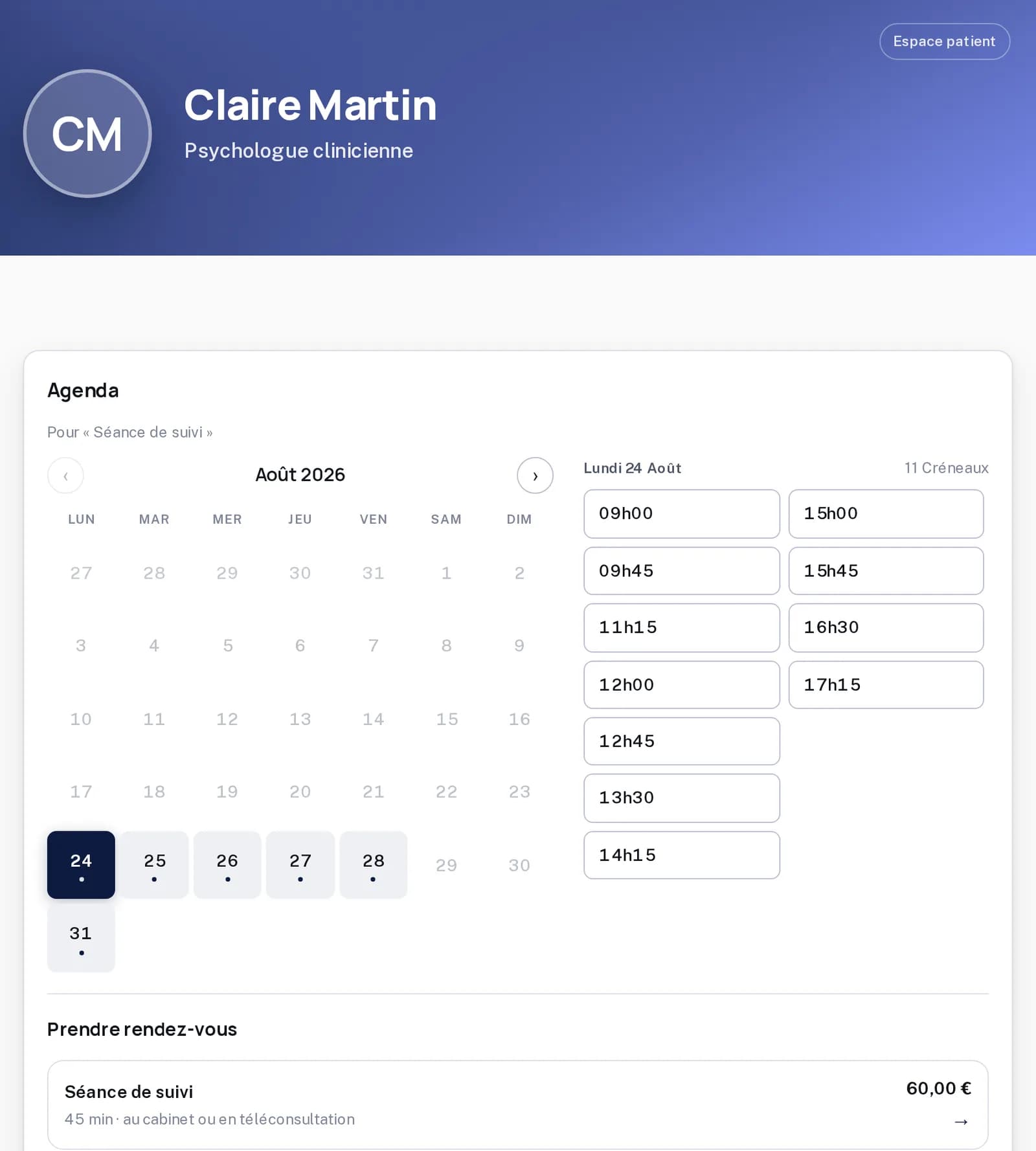 Vitrine d'un cabinet sur AZURIN : bandeau du praticien, calendrier des disponibilités et créneaux du jour